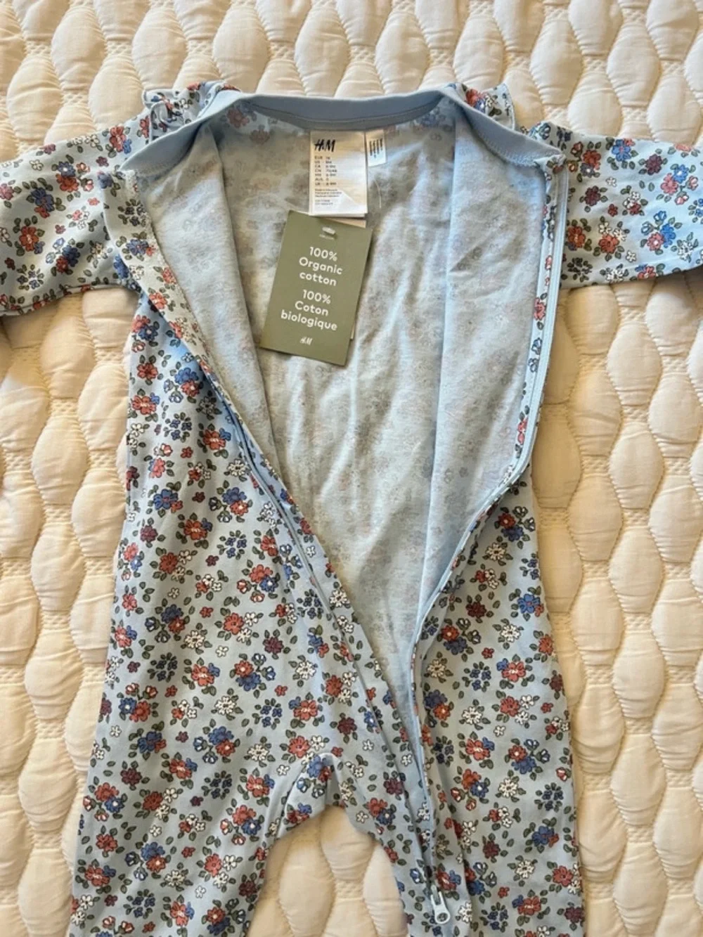 🌻3/$25 H&M Organic Cotton Floral Zip Sleeper Blue 6-9 Months NWT
